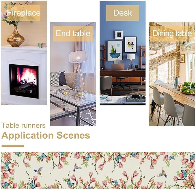 Floral Butterfly Table Runner Seasonal Spring Flower Bird Table Decoration Table Runner for Home Party Decoration 13x120 Inch