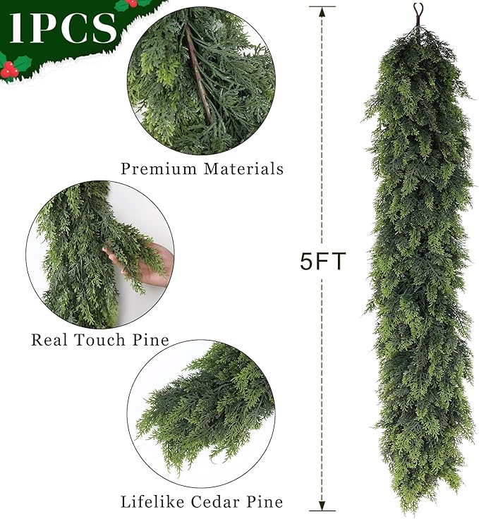 Real Touch Cedar Garland - Artificial Christmas Garlands Faux Green Cedar Fake Pine Needles Garland for Fireplace,Table, Stairs, Mantle, Window,Indoor Outdoor,Home,Holiday Decor(1 PCS,5 FT)