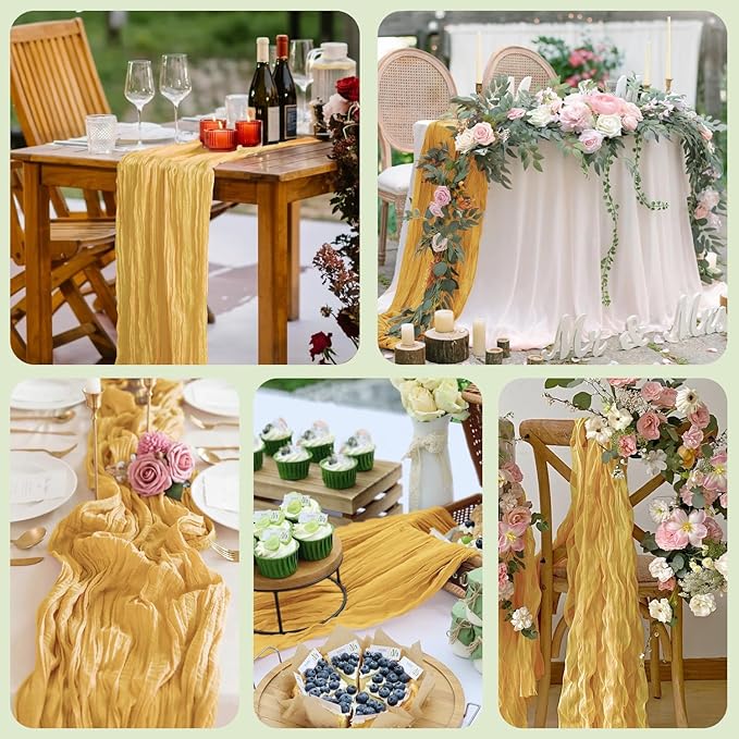 Asee'm 6pcs Cheesecloth Table Runner 120 Inches Long Gold Boho Gauze Cheese Cloth Runner 10FT Rustic Sheer Table Runners for Christmas Wedding Party Baby Shower Spring Easter Decoration