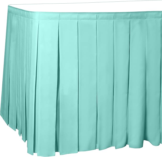 Ultimate Textile Pleat Polyester Fabric Table Skirt - Machine Washable Flame Resistant with Clips for Events, Weddings & Trade Shows, Cut & Sewn in Paterson, NJ - Aqua, 17' Box Pleat