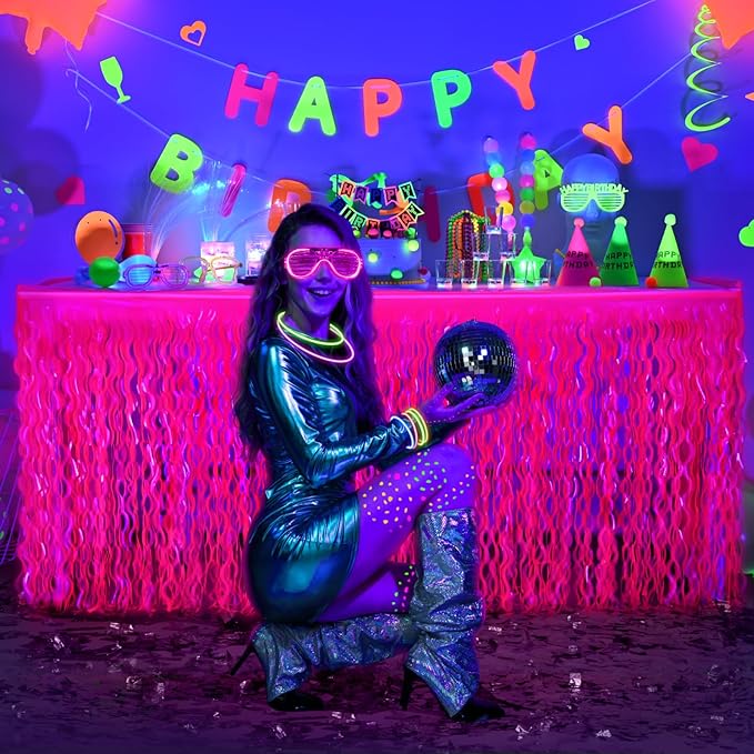 Mega-L Glow in The Dark Party Supplies, 2 Pack Neon Party Decorations Fluorescent Macaron Fuchsia Wavy Metallic Tinsel Foil Fringe Table Skirts, Perfect Table Decors for Glow Birthday Decor