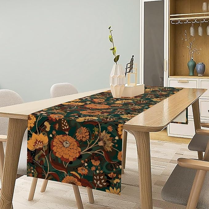 Orange Boho Floral Table Runner, Vintage Bohemian Home Kitchen Table Decoration for Birthday Party Picnic Decoration 13x120 Inch 1PCS