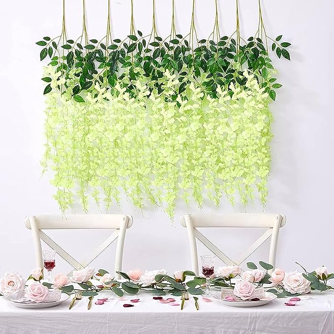 5 Pack Green Wisteria Hanging Flowers Garland, 3.77 Feet Artificial Flower Vines, Fake Wisteria, Artificial Vines Hanging Garland for Backdrop Outdoor Yard Garden Decor