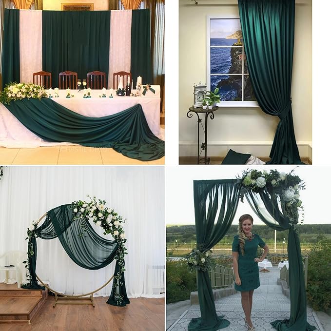 4 Panels Wedding Arch Draping Fabric 28" x 20 Ft Chiffon Wedding Arch Drapes Chiffon Fabric Drape Sheer Backdrop Curtain for Nuptials Party Ceremony Birthday Reception Backdrop Decor(Emerald Green)