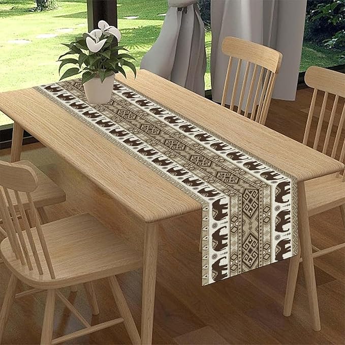 Ethnic Table Runner, Rustic Farmhouse Boho Indian Bohemian Elephant Aztec Tribal Print Beige Table Center Decor for Home Kitchen Dining Patio Holiday Party Indoor Table Decorations, 13"x90" Inch