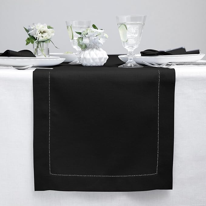 Solino Home Linen Black Table Runner 36 Inches - Classic Hemstitch, 100% Pure Linen Coffee Table Runner 14 x 36 Inch Ideal for Dresser Tables - Fall, Autumn, Halloween, Thanksgiving, Holiday