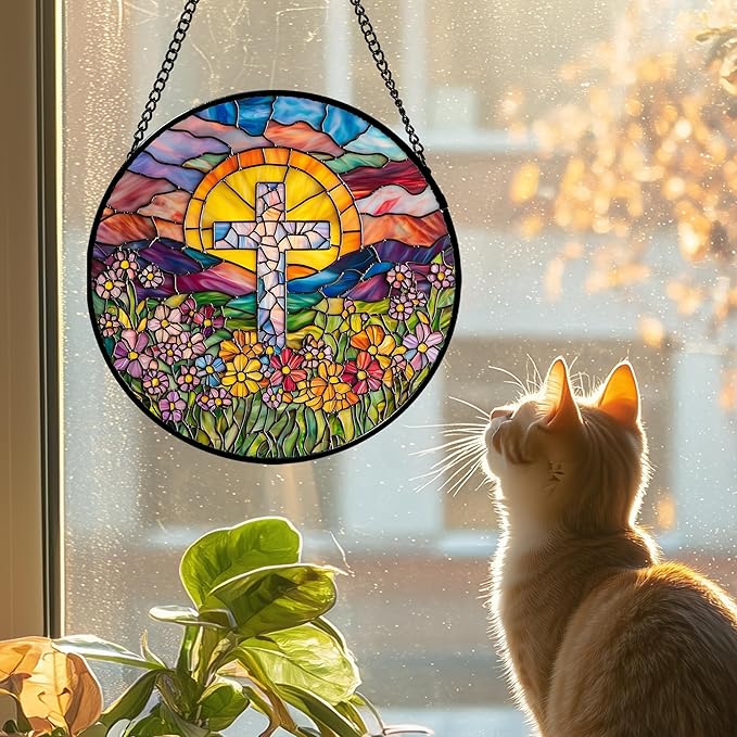 Stained Glass Window Hanging - Cross Flower Sea Sun Catcher for Door Terrace Garden Home Decor, Mountains Landscape Suncatcher Birthday Gifts for Lovers Women Men Dad Mom Nana 9.8 in