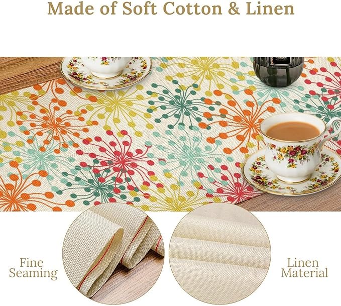 Mid Century Flower Table Runner, Colorful Geometric Abstract Chrysanthemum Vintage Farmhouse Decorations Orange Yellow Gray Table Runner for Kitchen Dining Holiday Party Decor, 13x108 Inch