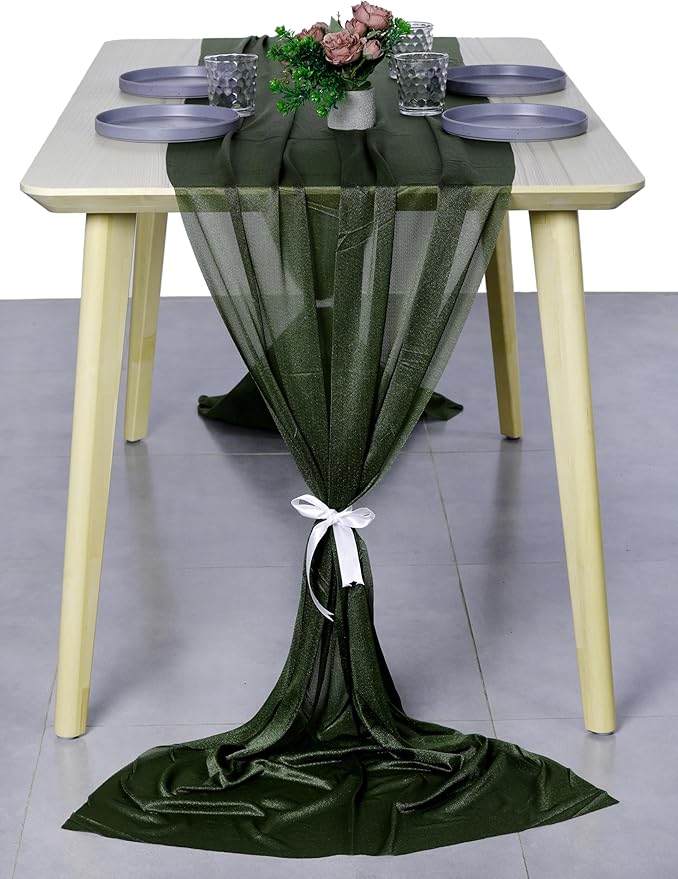 MDS 15 Pack 10ft Chiffon Table Runner 29 x 120 Inches Sheer Wedding Runner Romantic Rustic Table Runner for Wedding Decorations, Birthday Parties, Bridal Shower Party Arch Decor - Olive Green