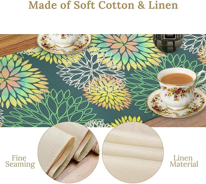 Green Dahlia Flower Table Runner, Linen Geometric Pattern Floral Table Decor Spring Farmhouse Decorations for Kitchen Dining Holiday Party Decor, 13x90 Inch