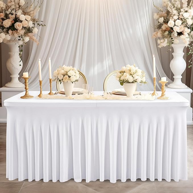 Wish Care 2 Pack White Spandex Table Clothes for 8 Foot Rectangle Tables, 8FT Wrinkle Free Fitted Tablecloths Ruffles Design Table Cover for Party, Banquet, Wedding and Events