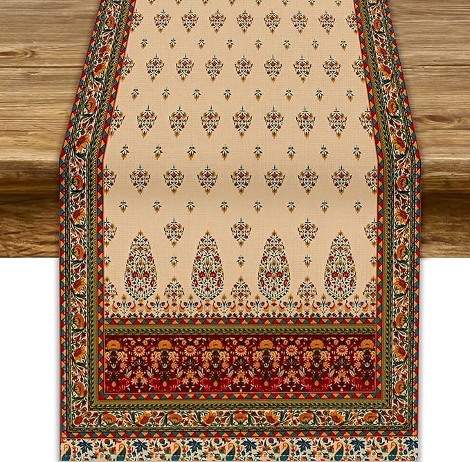Boho Paisley Table Runner, Vintage Western Brown Dark Red Beige Flowers Leaves Print Table Runner for Kitchen Dining Table Wedding Holiday Party Decor, 13x36inch