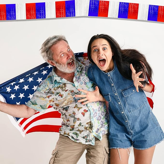 6 Pack 10 Feet White Blue Red Foil Fringe Garland Metallic Tinsel Streamers Banner Wall Hanging Backdrop Banner for Parade Floats, Thanksgiving, Christmas, Birthday, Halloween Party Decorations