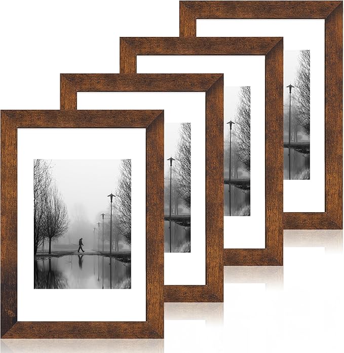 8x12 Picture Frame Set of 4 with High Definition Real Glass, Display 6x8 Pictures with Mat or 8 x 12 Without Mat, Wood Rustic Photo Frames for Tabletop and Wall Mounting