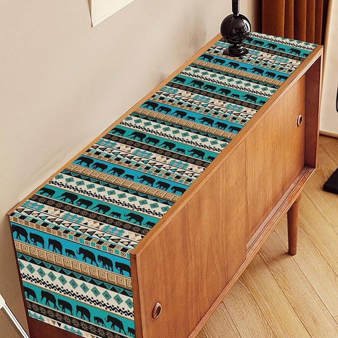Boho Table Runner, Rustic Aztec Blue Teal African Elephant Tribal Ethnic Native Farmhouse Table Center Decor For Home Kitchen Dining Patio Holiday Party Indoor Outdoor Table Decorations, 13"x108" Inch