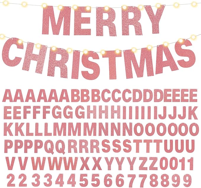 TaoBary 112 Pcs DIY Letter Kit Glitter Customizable Banner Letters Include 107 Letters and Numbers 3 Rope and 2 Needles for Birthday Halloween Christmas Wedding Valentine Party Decor(Rose Gold)
