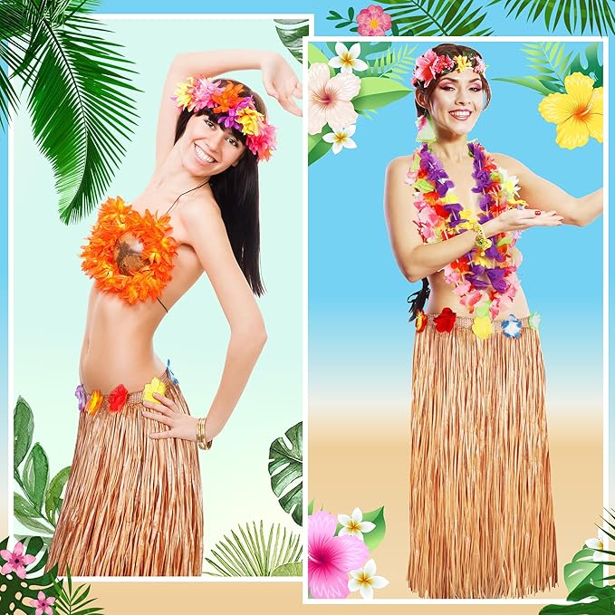 Hawaiian Themed Party Decorations, 2PCS Luau Party Table Skirt Decorations, 108 X 29.5" Table Skirt Flower Tropical Hula Dance Parties Supplies, Grass Table Skirt for Summer Beach Themed Party