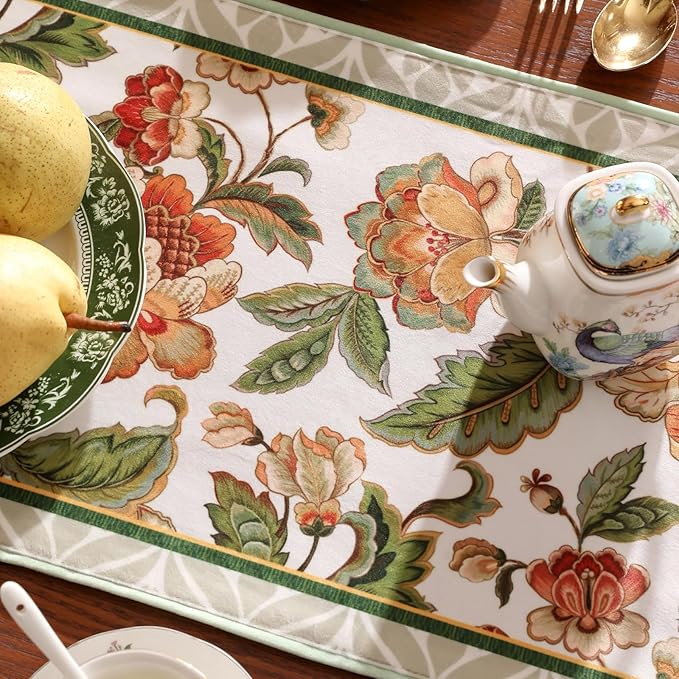 patdrea Designer Elegant French Floral Velvet Table Runner, Fresh Green with Orange Blossoms Pattern Table Mat, Decoration for Kitchen Dining Coffee Table Cabinet Banquet Thanksgiving,12"*102"