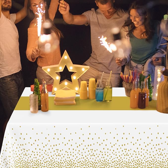 QZYL 12Pack Table Cloth Rectangle Tables, 54" x 108" Disposable Party White Table Cloths with Gold Dot, Waterproof Table Covers for Birthday Outdoor Wedding New Year Eve Birthday Decorations Supplies