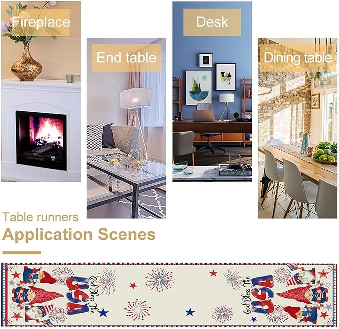 Cute Patriotic Gnomes Table Runner, American Independence Day 4th of July Gnome Blue Red Fireworks Confetti Print Table Runner for Home Kitchen Dining Table Party Decor, 13x90inch