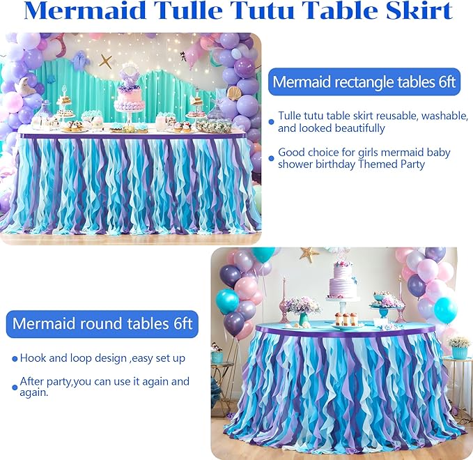 Partisky Mermaid Tulle Tutu Ruffle Curly Willow Table Skirt for Rectangle Table 17ft, Mermaid Themed Party Table Cloth for Girls Birthday Party or Baby Shower