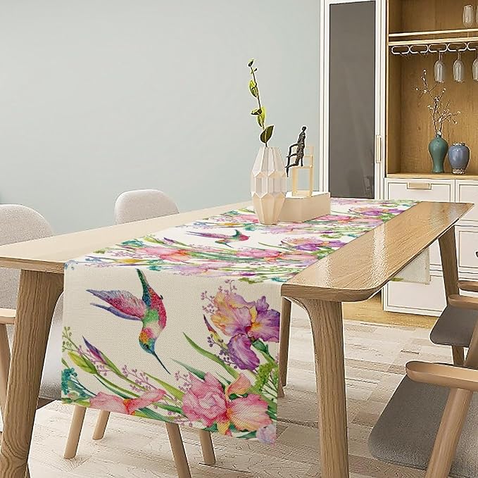 Hummingbird Table Runner,Pink Floral Country Style Table Runner for Kitchen Dining Table Home Party Decoration 13x60 Inch