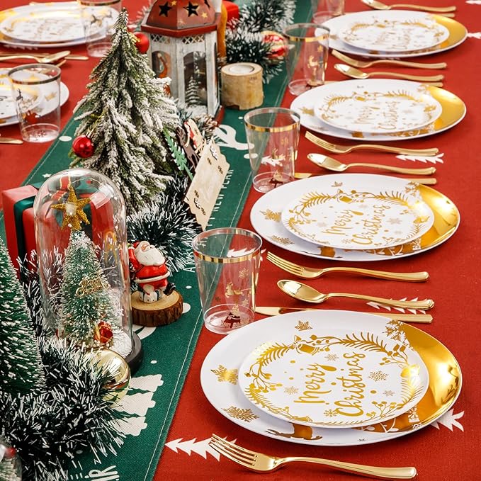 Supernal 150pcs Christmas Plates, Christmas Plastic Dinnerware include Gold Plastic Plates,Gold Plastic Silverware,Gold Plastic Cups, Christmas Party Plates for 25 Guests