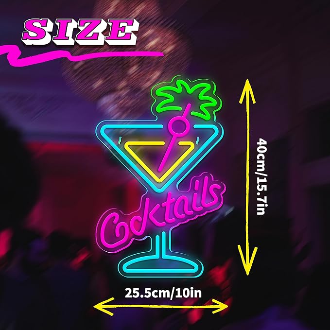 Cocktails Neon Sign Cocktail Glass LED Neon Signs Art Wall Lights for Beer Bar Decor Dimmable USB Powered Martini LED Neon Light for Party, Cocktails Bar, Pub, Night Club, Man Cave Decoration