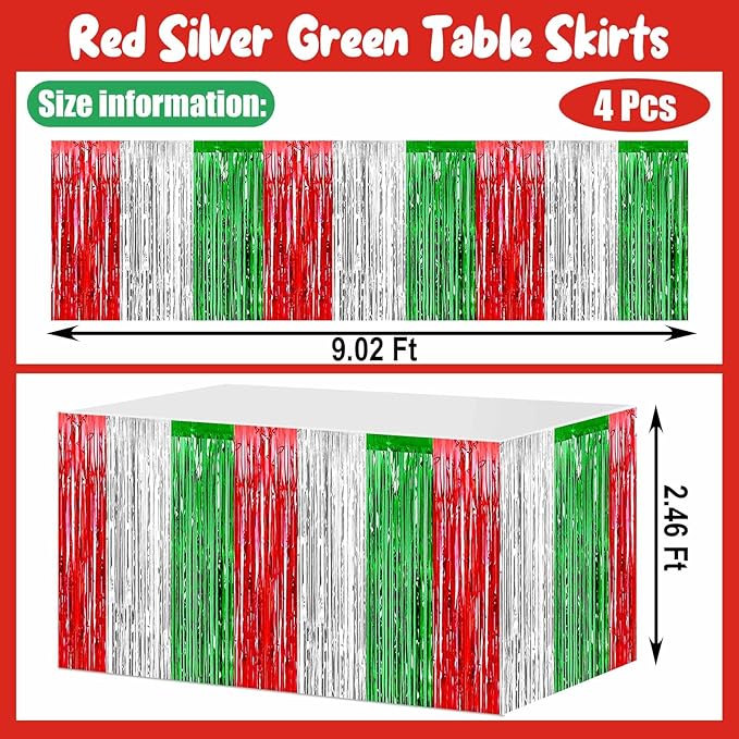 4 Pack 29x108 Inch Metallic Foil Fringe Tinsel Table Skirts for Rectangle Tables Streamer Backdrop for Wedding, Birthday, Parade Floats, Christmas, Halloween Party Decoration(Red Silver Green)