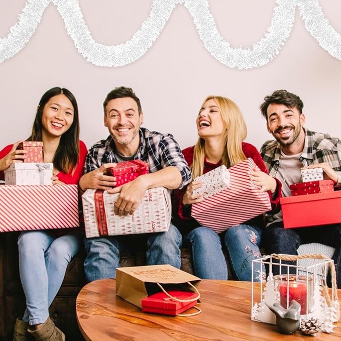 50 Feet Christmas Foil Fringe Banner Metallic Tassle Garland Metallic Backdrop Parade Floats Shiny Hanging Ceiling, Valentine's, Wedding, New Year Party Decorations(2" x 50', Macaron White)