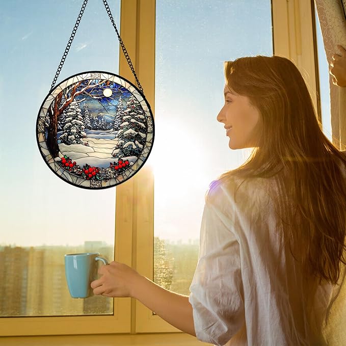 Stained Glass Window Hanging Christmas Tree Winter Snow Night Scenery 7.8" - Suncatcher Door Garden Kitchen Sun Catcher Home Decor Birthday for Mom Men Woman Friend