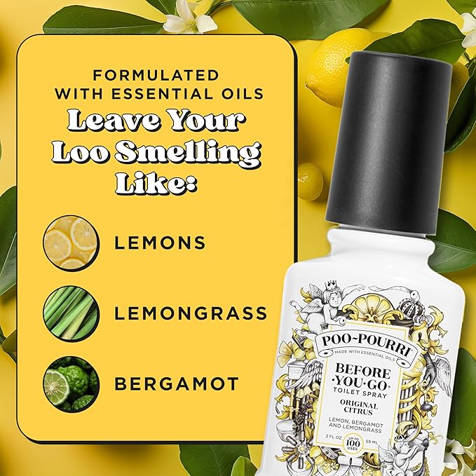 Poo-Pourri Before-You-Go Toilet Spray, Original Citrus, 2 Fl Oz, Up to 100 Uses, Bathroom Odor Deodorizer with Essential Oils for Home or Work, Travel Essentials, TSA Approved Size, Lemon Bergamot