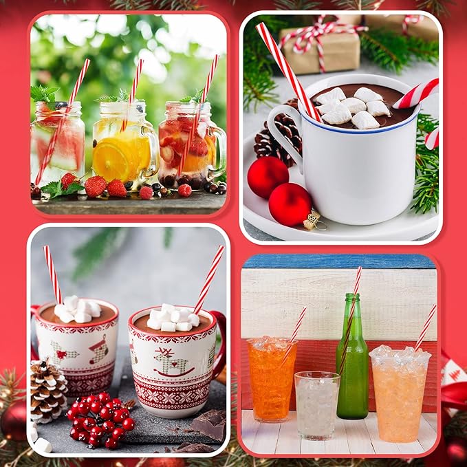 Vesici 9 Inch Plastic Striped Straws Reusable with Cleaning Brush Red Striped Hard Drinking Straws for Christmas Party Decoration Supplies(Red and White,102 Pcs)