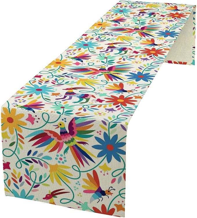 Mexican Table Runner,Boho Colorful Nature Inspired Flowers and Birds Table Cloth Kitchen Dining Table Home Party Decoration 13x90 Inch