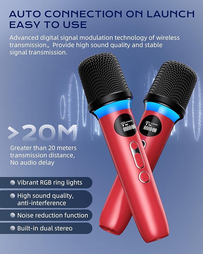 Karaoke Machine for Adults and Kids,Portable Bluetooth 2 Wireless Karaoke Microphone with Holder/USB/TF Card/AUX-in, IPX5 PA Speaker System for Home Party, Picnic,Car,Outdoor/Indoor-Red