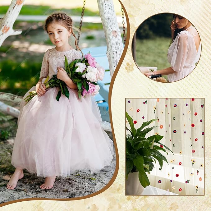 3PCS Champagne Floral Table Runner 10 FT, Embroidery Daisy Table Runners Seasonal Sheer Tulle Table Runner for Thanksgiving Wedding Birthday Baby Shower Party ﻿