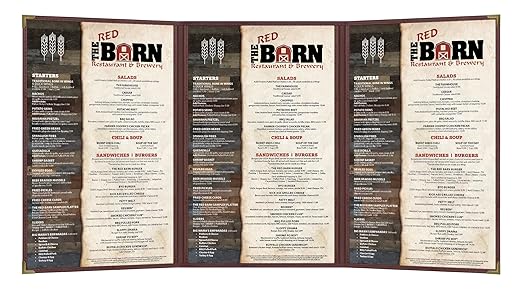 Goodsmart Pajco Style Restaurant Menu Covers – Pack of 10, Side-Load Fold-Out Menu Holders, Single Stitched Edge Clear Vinyl Menu Sleeves, Leatherette Trim Gold Corners, Burgundy, 3 View (8.5" x 14")