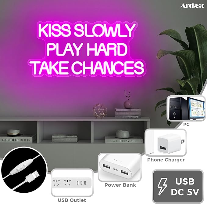 Kiss Slowly Play Hard Take Chances Neon Sign Pink LED Light Inspirational Wall Decor Motivational Gift for Bedroom Living Room Party Home