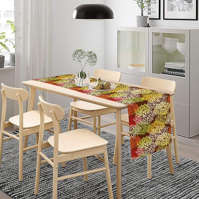 Brown Dahlia Floral Table Runner, Seasonal Autumn Thanksgiving Pattern Print for Home Kitchen Table Decor Dining Coffee Room Party Decor 13x70 Inch