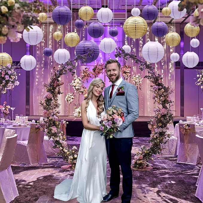ADLKGG Paper Lanterns Decorative, Round Hanging Lanterns Party Supplies for Graduation Bachelorette Gender Neutral Baby Shower Birthday Party Decorations Purple/Lavender/Gold 21pcs