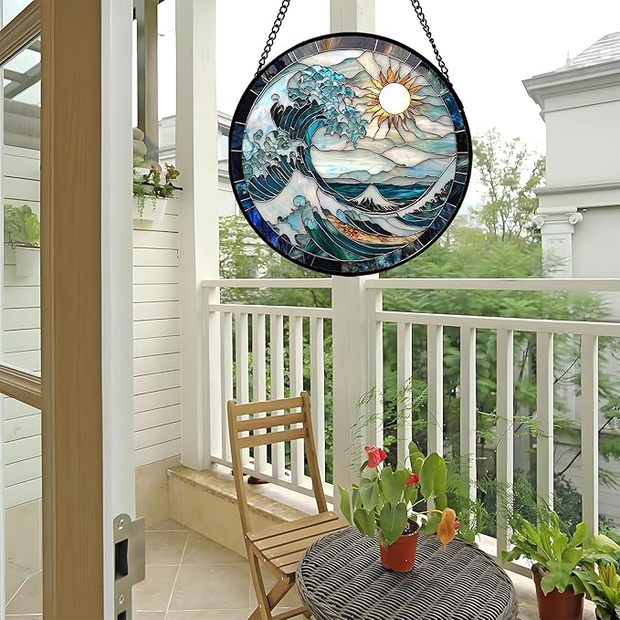 Stained Glass Window Hanging - White Sun Big Wave Suncatcher for Door Terrace Garden Home Decor Blue Ocean Landscape Sun Catcher Birthday Gifts for Lovers Women Men Dad Mom Nana9.8 in