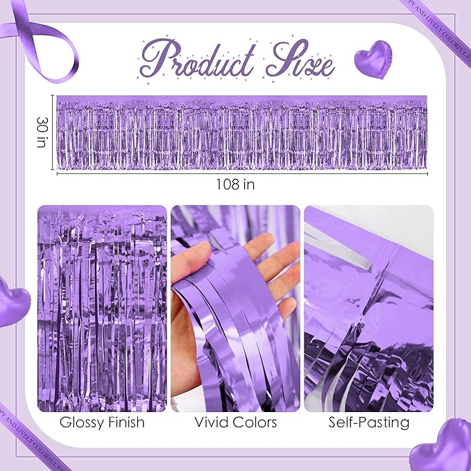 4 Pack Light Purple Table Skirts, 29x108" Metallic Foil Tinsel Fringe Table Skirts for Rectangle Tables Streamer Curtains Backdrop, Party Decorations for Birthdays Weddings Holidays
