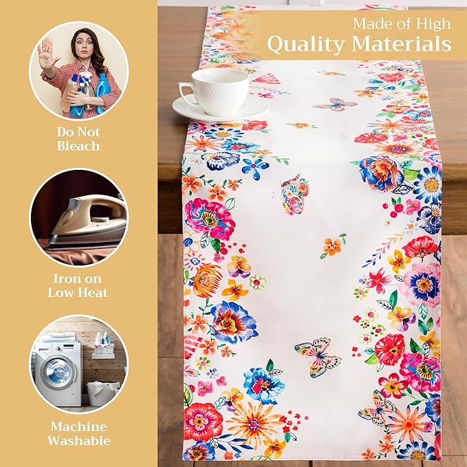 Maison d' Hermine Table Runner 100% Cotton Double Layer Table Runners 108 inches Long Decorative for Home Dining Party Wedding Bridal Shower Spring Summer (Happy Florals - High Summer, 14.50" x 108")