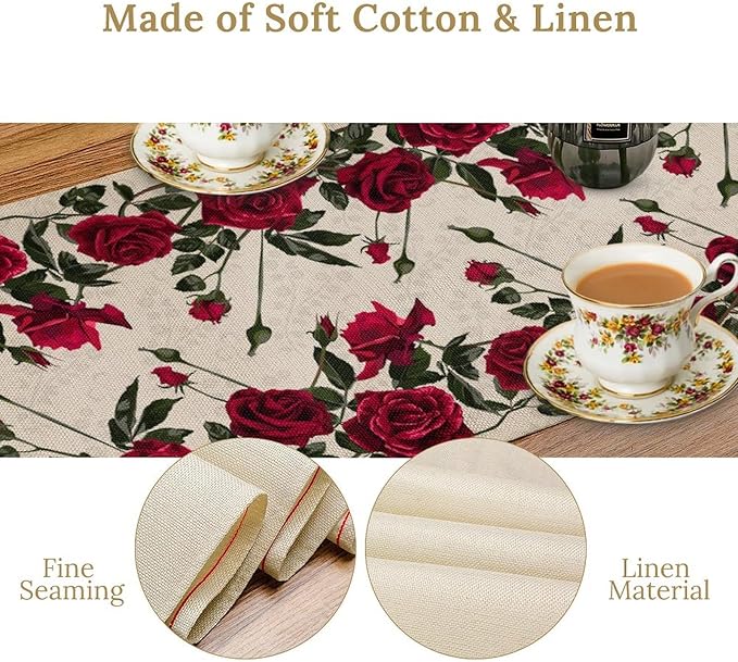 Rose Table Runner, Retro Red Rose Flowers Green Leaves Valentine's Day Kitchen Dinning Table Runner for Indoor Outdoor Home Wedding Party Holiday, 13x70 Inch