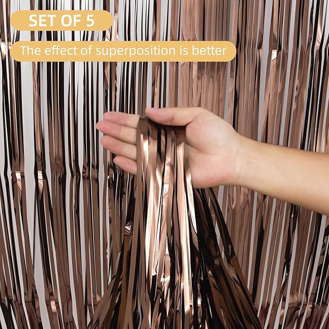 5 Pack Brown Fringe Backdrop 3.2ft x 8.2ft Silver Foil Fringe Curtains Party Tinsel Curtain Backdrop Streamers for Birthday Party Decoration Wedding Christmas Decoration (Brown)