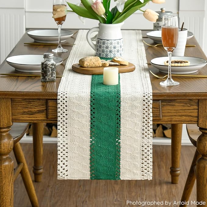 Artoid Mode Dark Green Farmhouse Rustic Table Runner, Seasonal Holiday Hollow Kitchen Dining Table Decoration for Home Party Decor 12x90 Inch