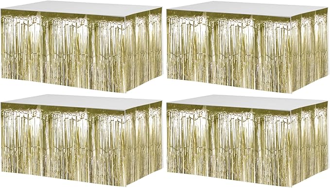 4 Pack 29x108 Inch Metallic Foil Fringe Tinsel Table Skirts for Rectangle Tables Streamer Backdrop for Wedding, Birthday, Parade Floats, Christmas, Halloween Party Decoration(Light Gold)