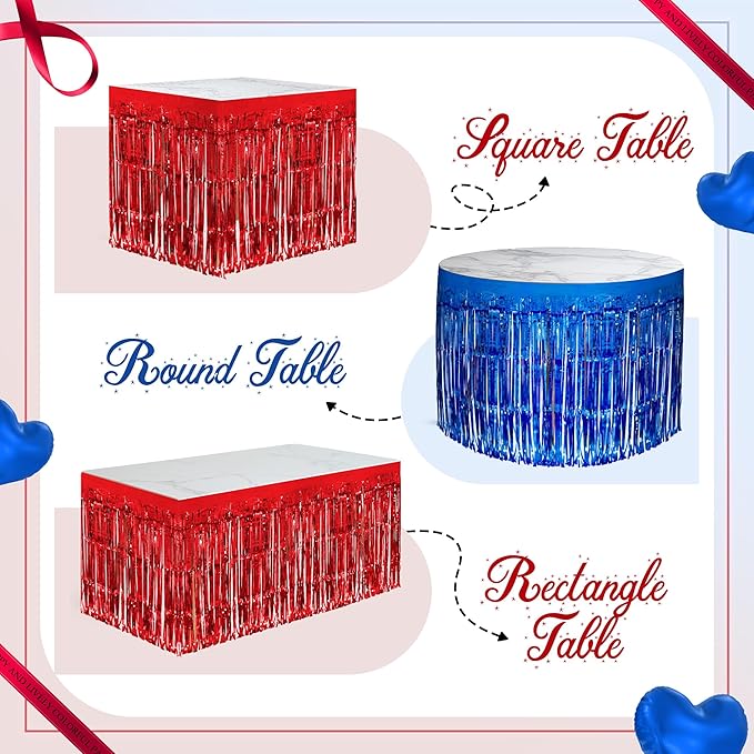 2 Pack Red Dark Blue Table Skirts, 29x108" Metallic Foil Tinsel Fringe Table Skirt for Rectangle Tables Streamer Curtains Backdrop, Party Decorations for Birthdays, Weddings, Holidays