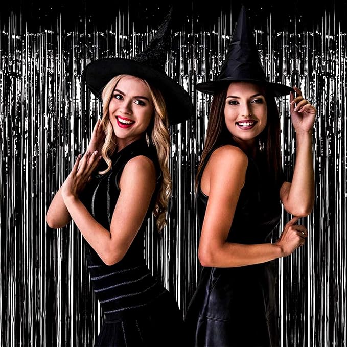 4 Pack Black Foil Fringe Curtain Backdrop, 3.28Ft x 8.2Ft Metallic Tinsel Streamer Curtains for Party, Photo Booth Props, Birthday, 2022 Graduation Decoration Party Supplies