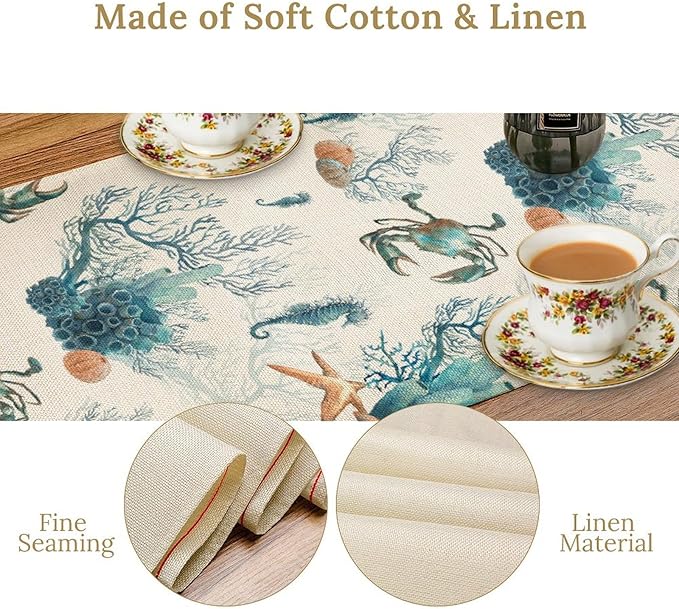 Nautical Coast Table Flag, Ocean Beach Seahorse Shell, Vintage Sailboat Lighthouse Anchor Table Decoration for Indoor and Outdoor Home Party Decor 13x70 Inch